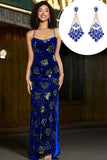 Royal Blue Mermaid Spaghetti Straps Sequins Long Formal Dress with Accessory