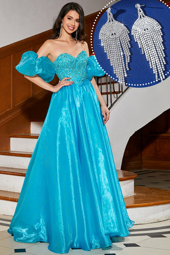 Blue A-Line Off The Shoulder Corset Beaded Formal Dress with Accessory