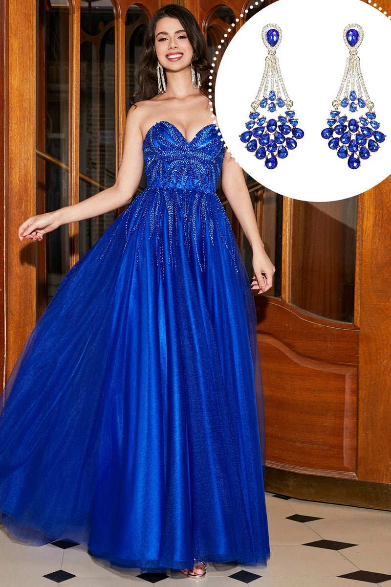 Load image into Gallery viewer, Royal Blue A-Line Sweetheart Long Beaded Formal Dress with Accessory