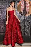 Princess A-Line Strapless Dark Red Corset Long Formal Dress with Accessory