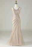 Sparkly Champagne Beaded Mermaid Long Formal Dress with Wrap