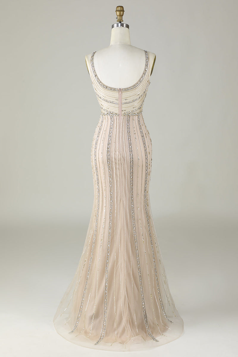 Load image into Gallery viewer, Sparkly Champagne Beaded Mermaid Long Formal Dress with Wrap
