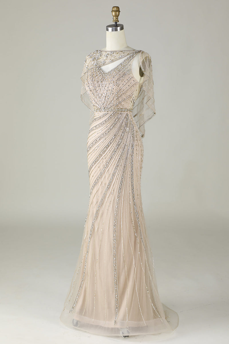 Load image into Gallery viewer, Sparkly Champagne Beaded Mermaid Long Formal Dress with Wrap