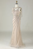 Sparkly Champagne Beaded Mermaid Long Formal Dress with Wrap