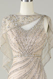 Sparkly Champagne Beaded Mermaid Long Formal Dress with Wrap