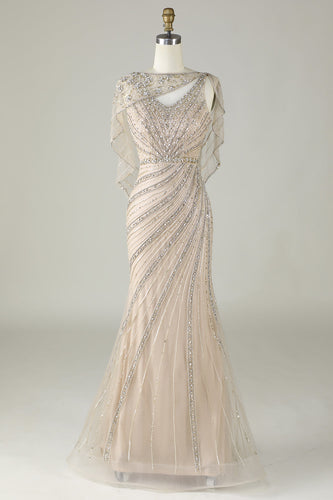 Sparkly Champagne Beaded Mermaid Long Formal Dress with Wrap