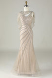 Sparkly Champagne Beaded Mermaid Long Formal Dress with Wrap