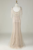 Sparkly Champagne Beaded Mermaid Long Formal Dress with Wrap