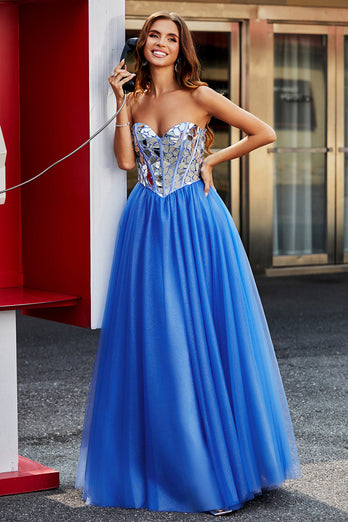 Royal Blue A-Line Sweetheart Broken Mirrors Strapless Corset Long Formal Dress