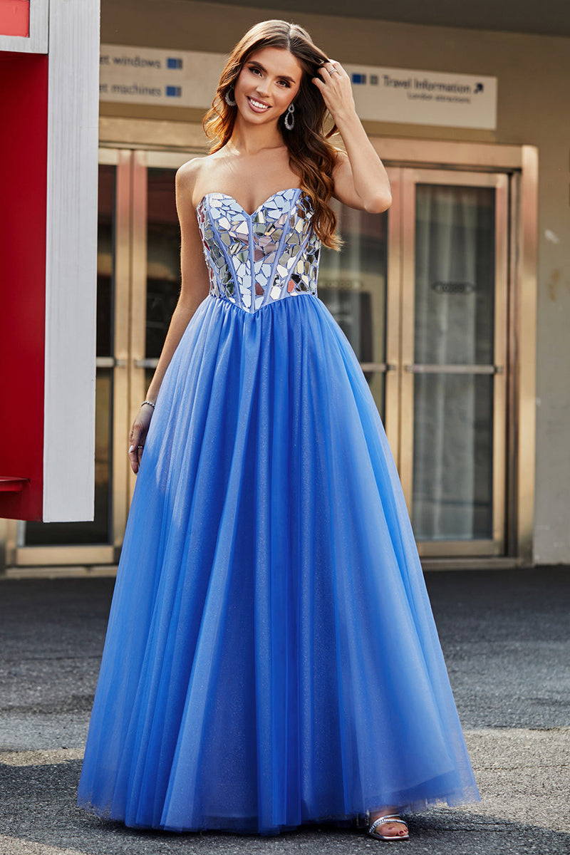 Load image into Gallery viewer, Royal Blue A-Line Sweetheart Broken Mirrors Strapless Corset Long Formal Dress