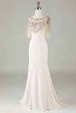 Sparkly Champagne Boat Neck Beaded Mermaid Long Formal Dress