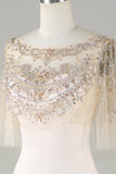 Sparkly Champagne Boat Neck Beaded Mermaid Long Formal Dress