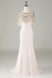 Sparkly Champagne Boat Neck Beaded Mermaid Long Formal Dress