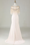 Sparkly Champagne Boat Neck Beaded Mermaid Long Formal Dress