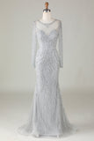 Gorgeous Sparkly Grey Beaded Mermaid Long Formal Dress