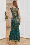 Sheath Round Neck Dark Green Beaded Formal Evening Party Dress