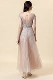 Sparkly Blush Beaded A-Line Tulle Formal Dress