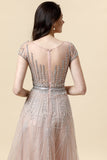 Sparkly Blush Beaded A-Line Tulle Formal Dress