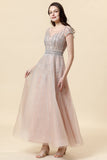 Sparkly Blush Beaded A-Line Tulle Formal Dress