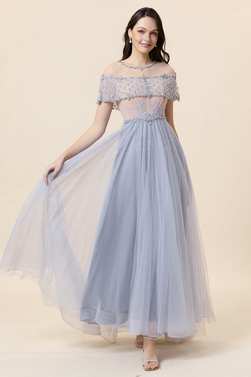 Load image into Gallery viewer, Sparkly Grey Beaded Long Tulle Formal Dress