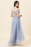 Sparkly Grey Beaded Long Tulle Formal Dress