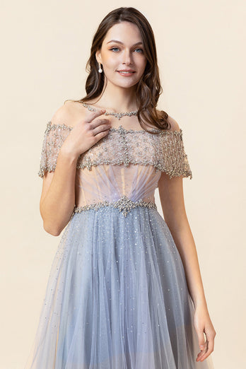 Sparkly Grey Beaded Long Tulle Formal Dress