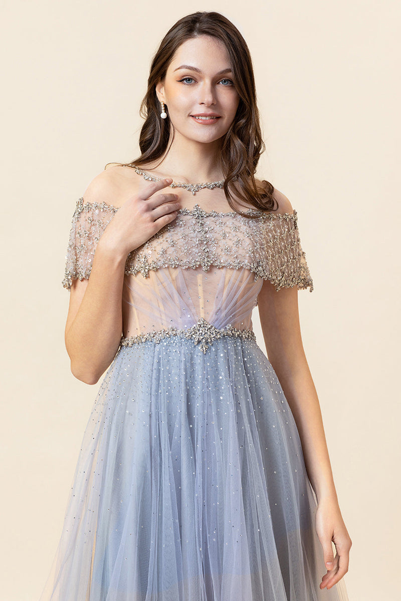 Load image into Gallery viewer, Sparkly Grey Beaded Long Tulle Formal Dress