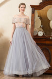 Grey Tulle A Line Beaded Glitter Mother of the Bride Dress