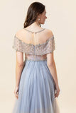 Sparkly Grey Beaded Long Tulle Formal Dress