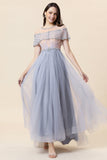 Sparkly Grey Beaded Long Tulle Formal Dress