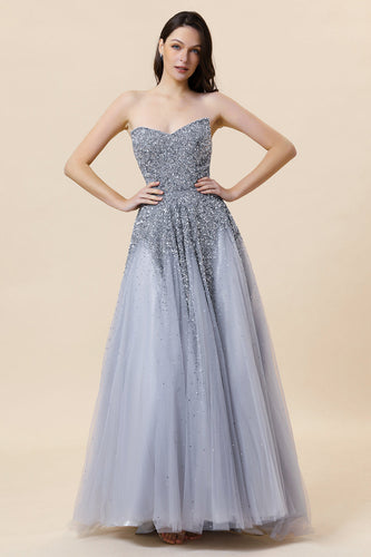 Sparkly Grey Beaded Tulle Sweetheart Long Formal Dress