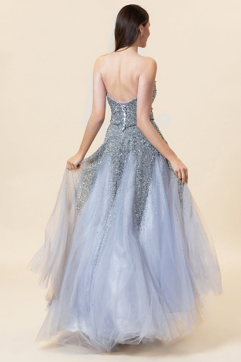 Load image into Gallery viewer, Sparkly Grey Beaded Tulle Sweetheart Long Formal Dress