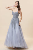 Sparkly Grey Beaded Tulle Sweetheart Long Formal Dress