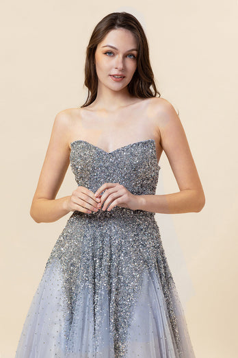 Sparkly Grey Beaded Tulle Sweetheart Long Formal Dress