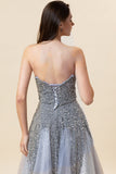 Sparkly Grey Beaded Tulle Sweetheart Long Formal Dress