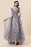 Sparkly Dark Grey Beaded Long Formal Dress