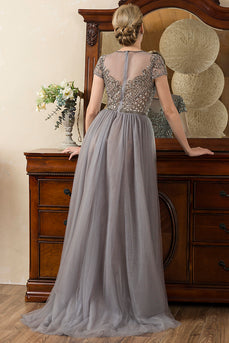 Grey A Line Tulle Beaded Glitter Mother of the Bride Dress