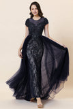 Sparkly Navy Beaded Long Formal Dress