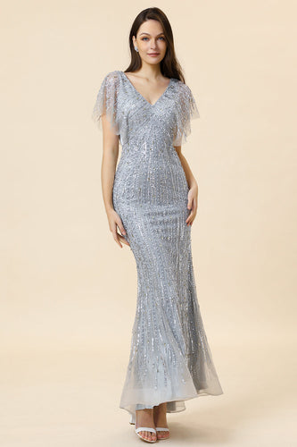 Sparkly Grey Beaded Mermaid Long Formal Dress