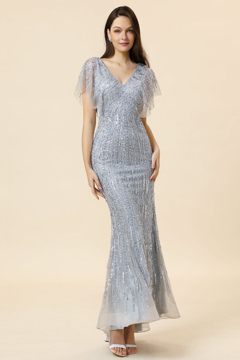 Load image into Gallery viewer, Sparkly Grey Beaded Mermaid Long Formal Dress