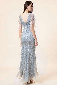Sparkly Grey Beaded Mermaid Long Formal Dress