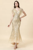 Mermaid V Neck Golden Beaded Long Formal Dress