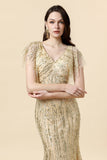 Mermaid V Neck Golden Beaded Long Formal Dress