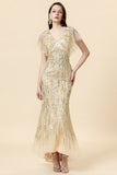 Mermaid V Neck Golden Beaded Long Formal Dress