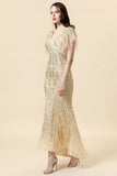 Mermaid V Neck Golden Beaded Long Formal Dress