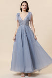 A Line Sparkly Beaded Blue Long Tulle Formal Dress