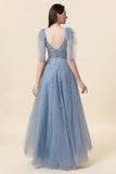 A Line Sparkly Beaded Blue Long Tulle Formal Dress