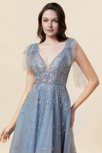 Sparkly Beaded Grey Long Tulle Formal Dress