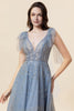 Load image into Gallery viewer, A Line Sparkly Beaded Blue Long Tulle Formal Dress
