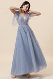 A Line Sparkly Beaded Blue Long Tulle Formal Dress